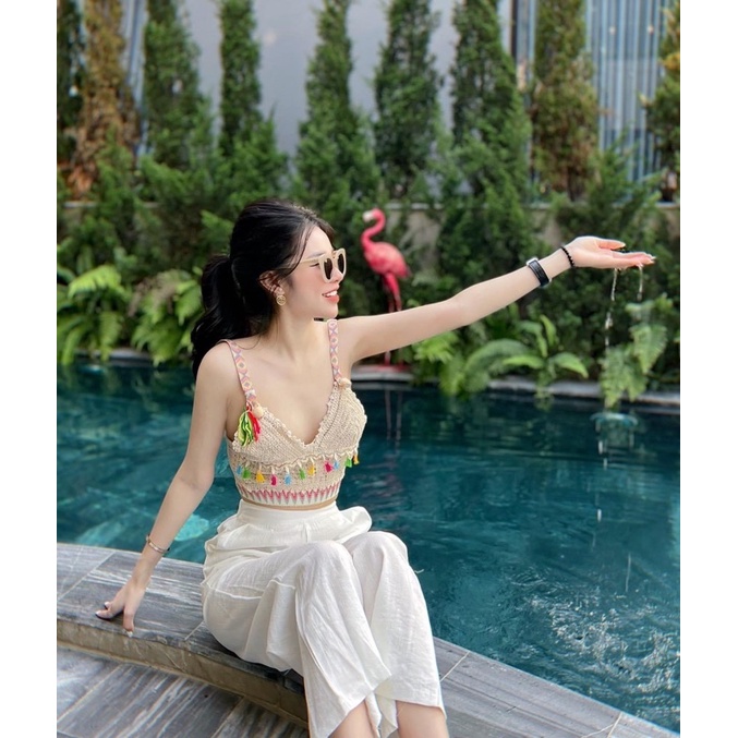 Áo bra đan móc kiểu thổ cẩm phối chun gấu