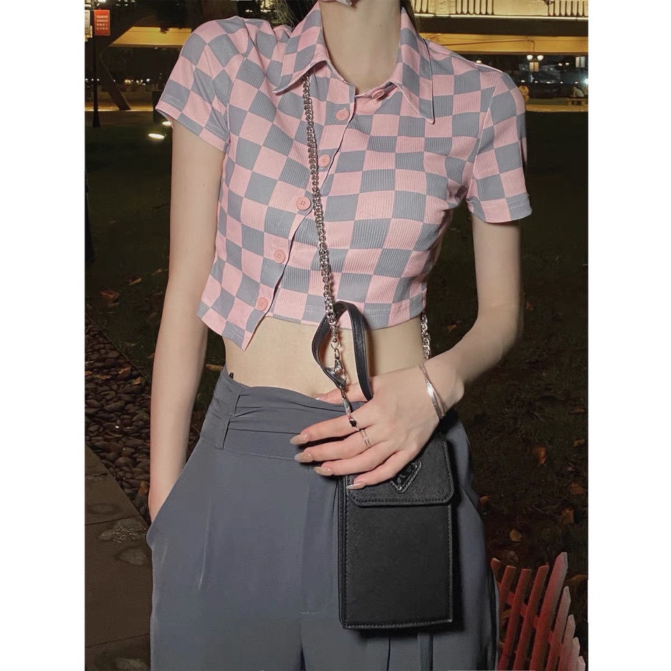 Áo Thun Lửng Cổ Polo Eo Cao In Họa Tiết Kẻ Sọc Ca Rô Thời Trang Mùa Hè Phong Cách Hàn Quốc Dành Cho Nữ 2022