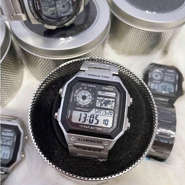 [Tặng box thiếc]Đồng hồ nam Casio AE 1200-WHD classic chống nước , dây thép không gỉ (dây bạc mặt đen)