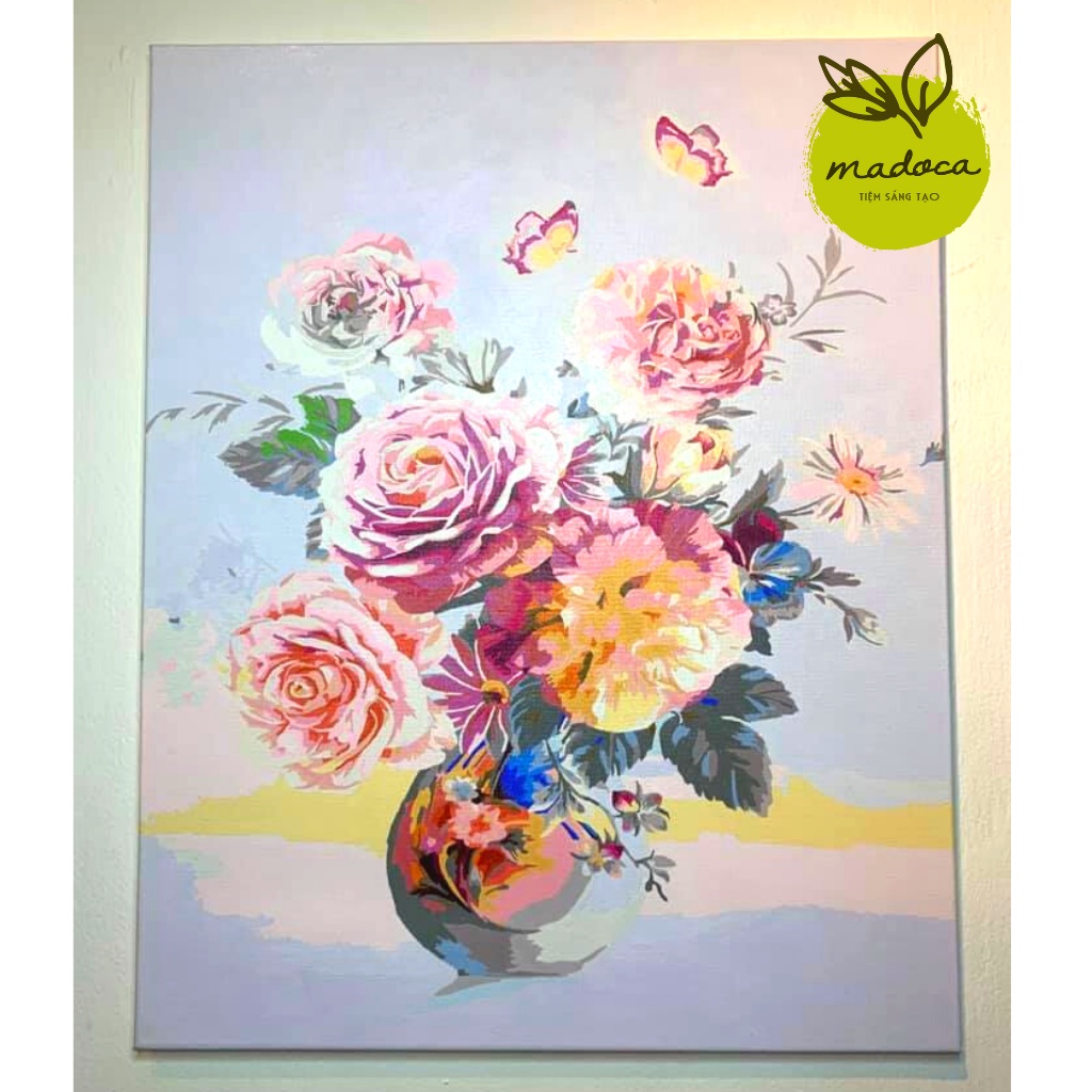 Tranh tô màu số hóa Madoca có khung 40x50cm kết hợp Hoa hồng phú quý