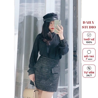 Set dạ tiểu thư gồm áo tơ và chân váy chữ A dạ tweed sang chảnh
