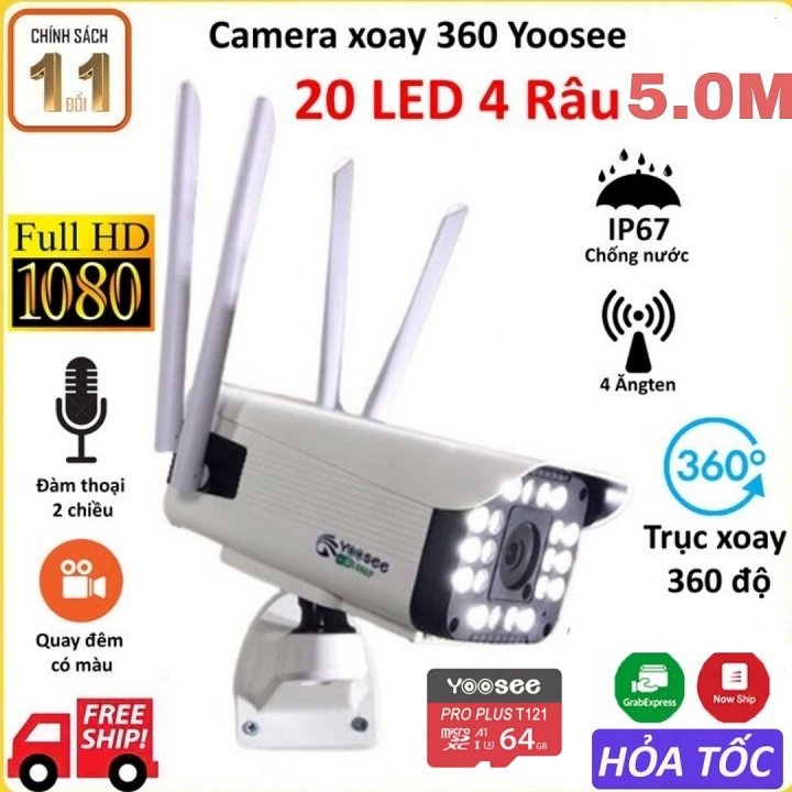 Camera yoosee ngoài trời 4 râu 20led 5.0Mpx quay quét 360 độ siêu nét, chịu nắng mưa, có màu ban đêm