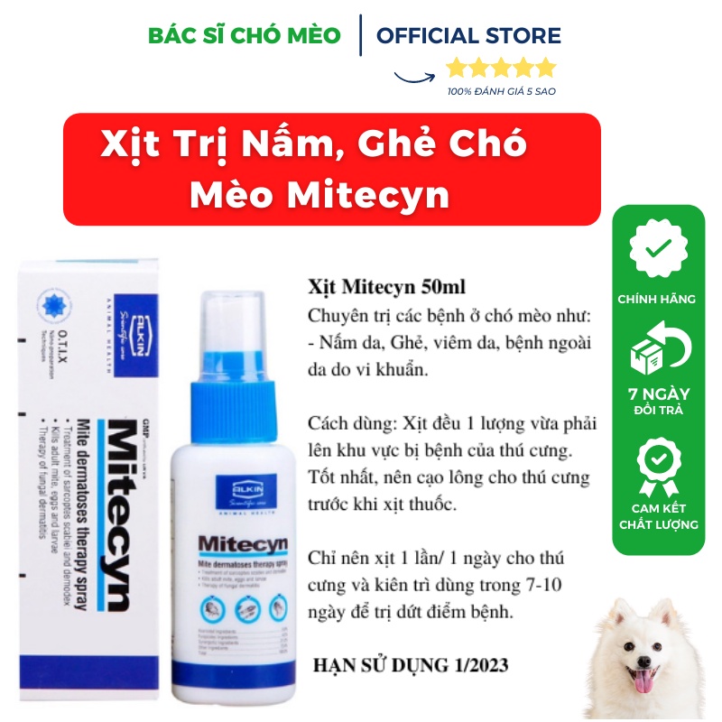 Alkin Mitecyn Xịt Trị Nấm, Ghẻ, Viêm Da ở Chó Mèo 50ml Hàng Anh Quốc- LOẠI THẨM THẤU CAO