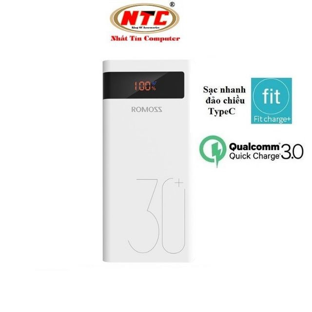 Pin sạc dự phòng Romos Sense 8P+ 30000mAh Sạc nhanh QC3.0 và Sạc nhanh 2 chiều TypeC (Trắng) -Hãng phân phối chính thức
