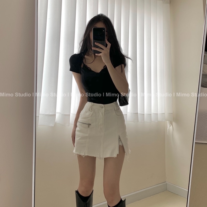 Thun ngắn tay cổ vuông / Váy jean zip trắng có quần trong | BigBuy360 - bigbuy360.vn