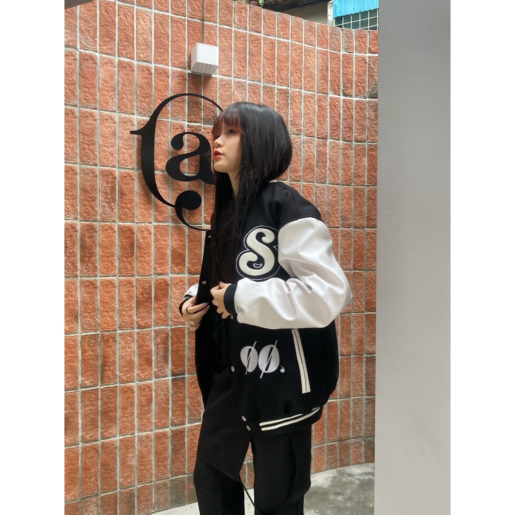 Áo Khoác Dạ Đen Phối Da - Varsity Jacket | BigBuy360 - bigbuy360.vn