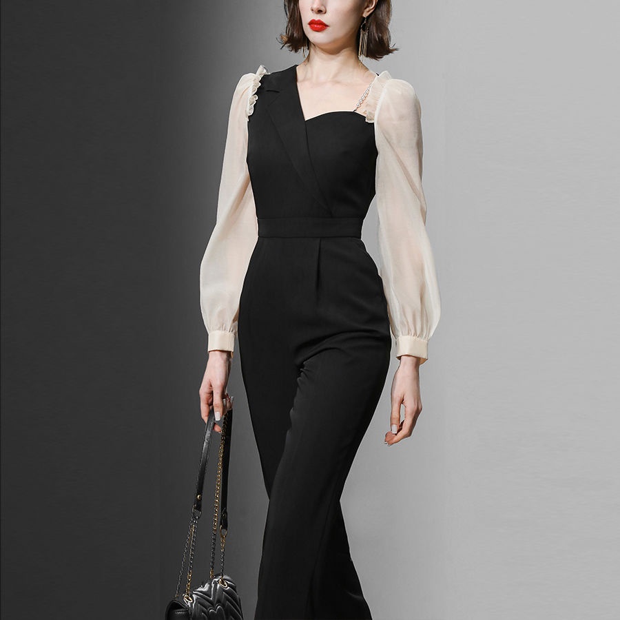 Jumpsuit đen Jumpsuit voan Jumpsuit hở lưng Jumpsuit dành cho phụ nữ Mùa xuân Quần áo của phụ nữ 2022 Thời trang mới Tính khí tương phản Màu sắc Jumpsuit Jumpsuit Đồ liền quần chín điểm