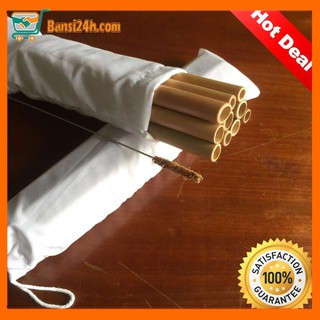 [HOT] 10 Ống hút tre Size lớn + 1 cây cọ sơ dừa làm sạch ống + Túi vải