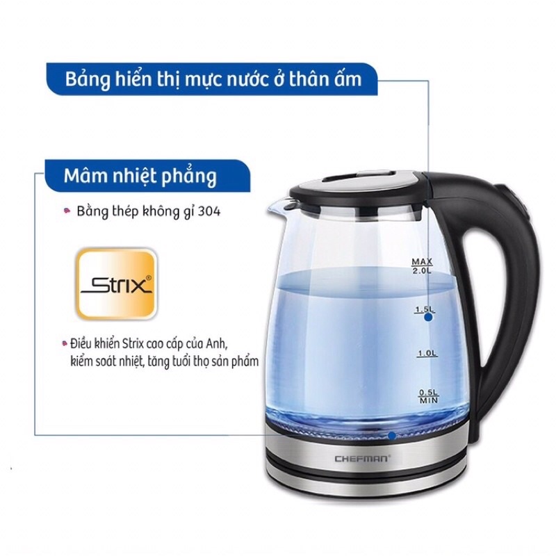 (Chính hãng-Lỗi 1 đổi 1) Ấm siêu tốc Inox UNILIFE | Mr.Sốc, Ấm siêu tốc thuỷ tinh Chefman 1.8 Lít [ Bảo hành 12 tháng ]