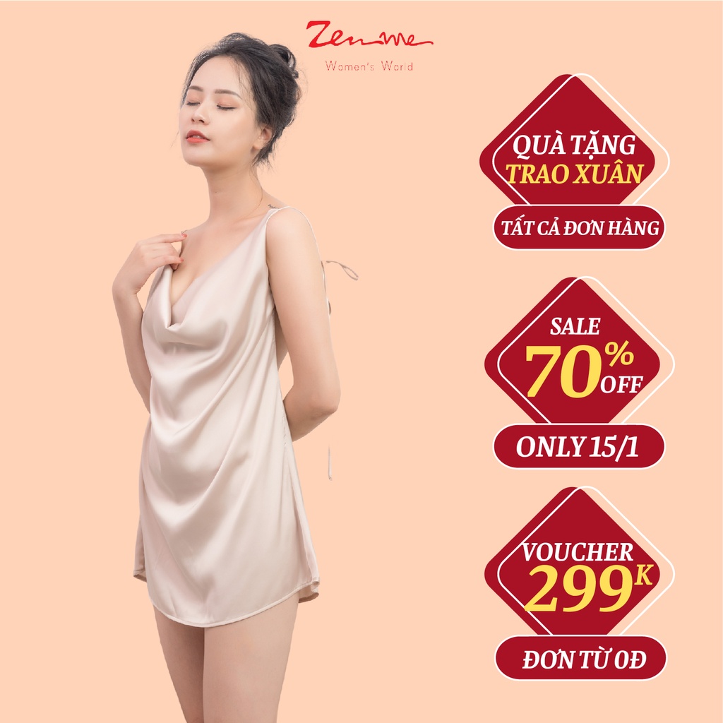 Váy ngủ Zen Me cổ đổ cao cấp màu Nude sang chảnh lụa siêu cấp