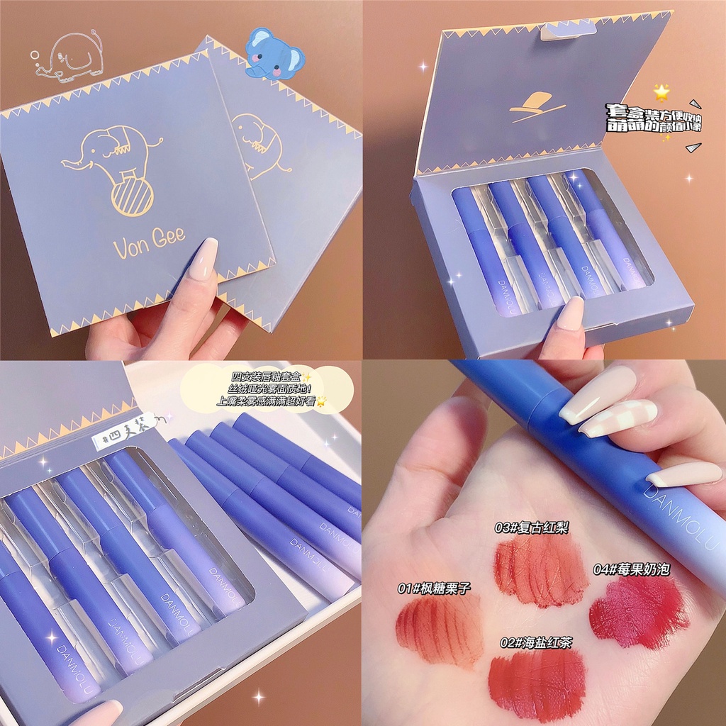 Set Son Môi 4 cây VONGEE kết cấu mờ dưỡng ẩm mềm mại kháng nước trang điểm lâu trôi