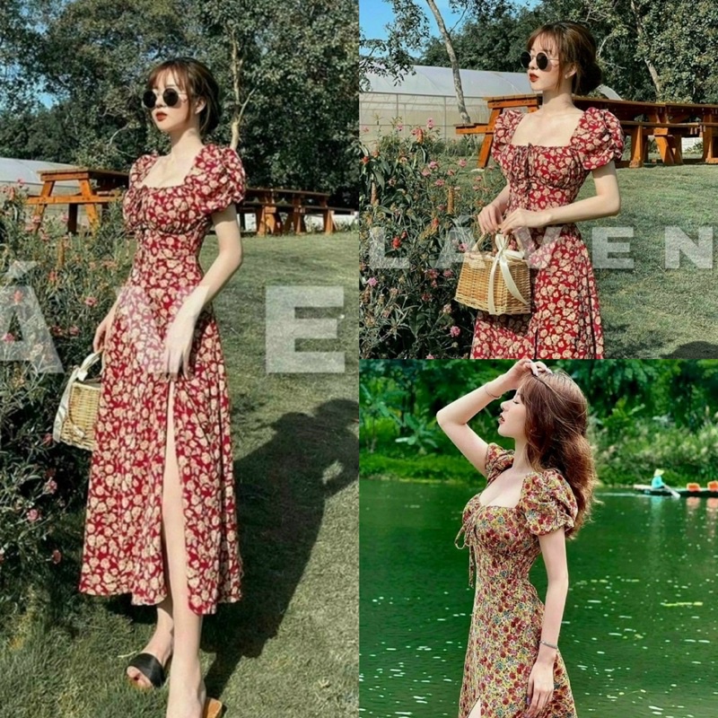 Đầm váy nữ xẻ tà hoa xoè voan lụa cao cấp