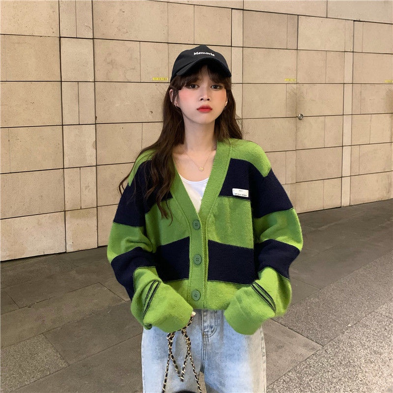 Áo Khoác cardigan Dệt Kim Tay Dài Cổ Chữ V Dáng Rộng Họa Tiết Kẻ Sọc Thời Trang Mùa Thu Mới Cho Nữ