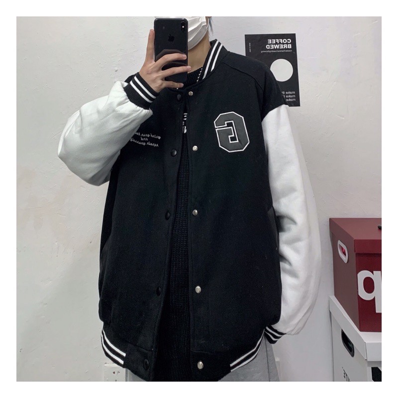 ÁO BOMBER - ÁO JACKET VASITY CHỮ G THÂN ĐEN TAY TRẮNG