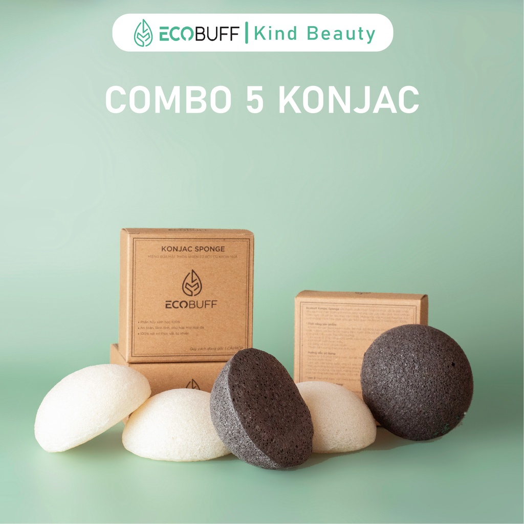 Combo 5 Miếng Bọt biển rửa mặt Ecobuff Konjac Sponge miếng mút bông nở xốp Nhật Bản sạch dịu nhẹ cho mọi làn da