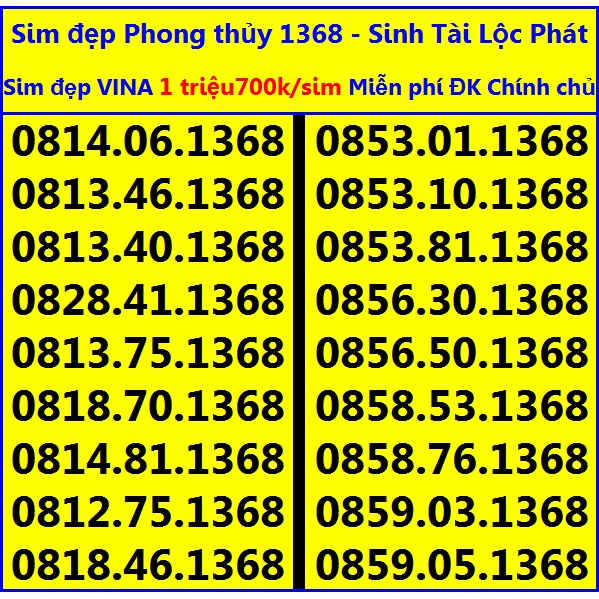 SỐ ĐẸP 1368 Phong thủy Sanh Tài Lộc Phát Vinaphone GIÁ 1triệu700k HỖ TRỢ ĐĂNG KÝ CHÍNH CHỦ