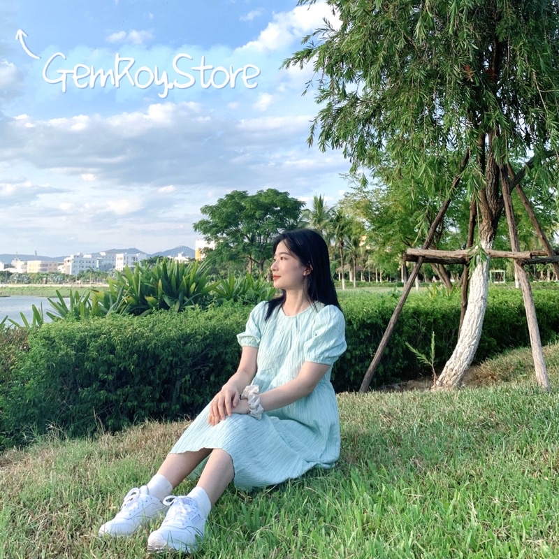 Váy Babydoll cổ tròn tay phồng xanh ngọc Xanh Mint hàng đẹp Đầm suông dáng dài phong cách Hàn quốc dành cho nữ