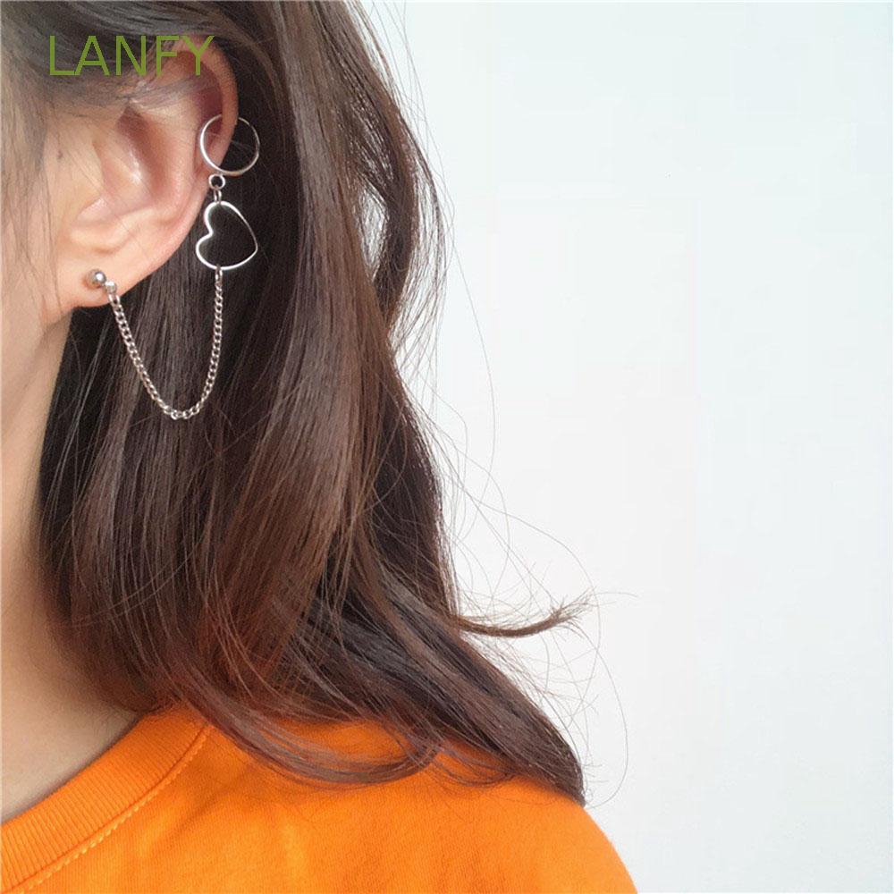 Khuyên tai nữ dáng dài hình tròn/trái tim phối dây xích cá tính cho bạn gái