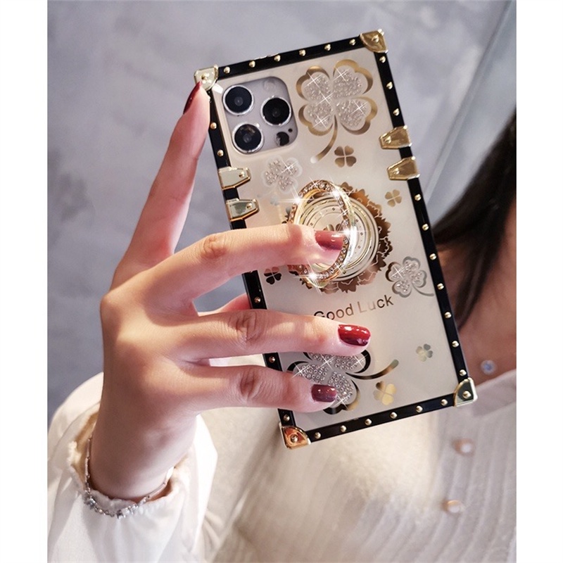 Ốp Điện Thoại Hình Vuông Họa Tiết Cỏ Bốn Lá Đính Đá Kèm Giá Đỡ Cho Samsung A20 A30 A20S A21S A12 A21 A33 A22 5G A02 A02S A03S A03CORE