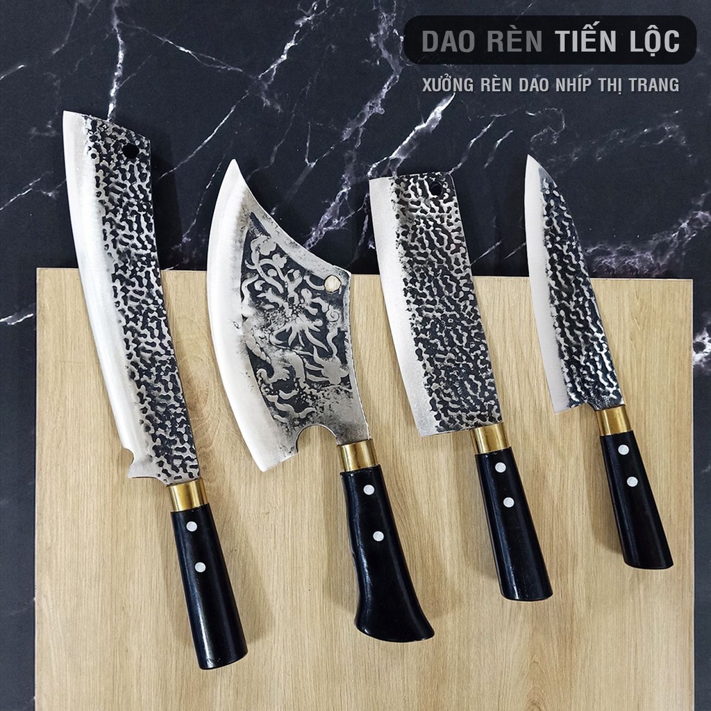 Bộ 4 Dao Thép Nhíp Dập Vân 2 Mặt Cao Cấp Dùng Cho Nhà Bếp, Chặt Cây, Chặt Xương, Thái Lọc Thịt