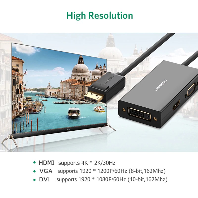 Ugreen 3 in 1 Displayport DP to HDMI VGA DVI Adapter 4K Male to Female Display