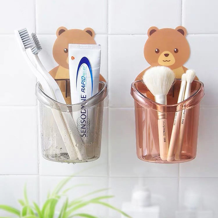Cốc gấu nâu dán tường trong nhà tắm-SIÊU DÍNH- Đựng bàn chải, kem đánh răng