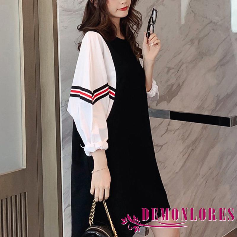 Đầm ngắn cổ tròn tay dài phối màu tương phản thời trang cho nữ