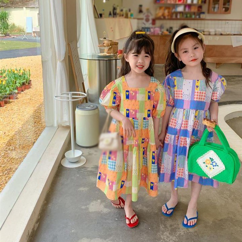 Đầm Tay Phồng Cổ Vuông Họa Tiết Sọc Caro Dễ Thương Phong Cách Hàn Quốc Thời Trang Mùa Hè Cho Bé Gái