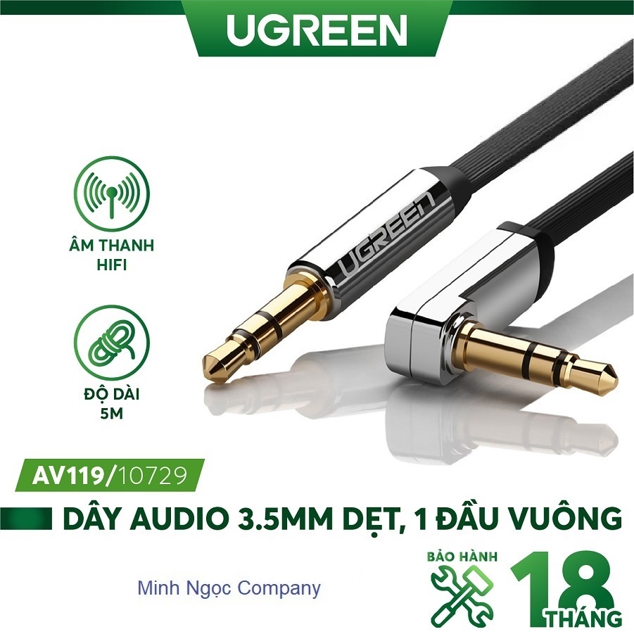 Dây Audio 3.5mm dẹt, mạ vàng 1 đầu vuông 90 độ dài từ 1-5m Ugreen AV119 - Hàng Chính Hãng