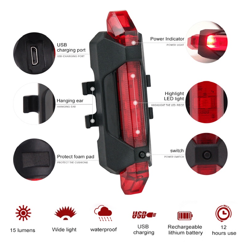 Đèn Tín Hiệu Gắn Đuôi Xe Đạp Chống Nước Có Thể Sạc Lại Bằng Cổng USB