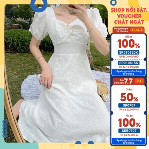 Váy Dài Qua Gối Sang Chảnh PRETTY CLOSET Váy Trắng Tiểu Thư Tay Bồng Cổ Vuông Mặc Đi Chơi Hay Đi Làm Phong Cách Hàn V31