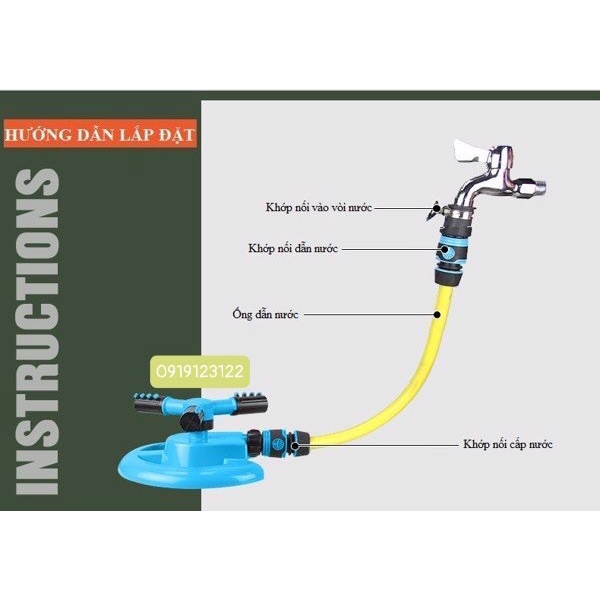 Đầu tưới 3 cánh xoay 360° Chân đế hình mặt trăng Lắp nối nhanh 16