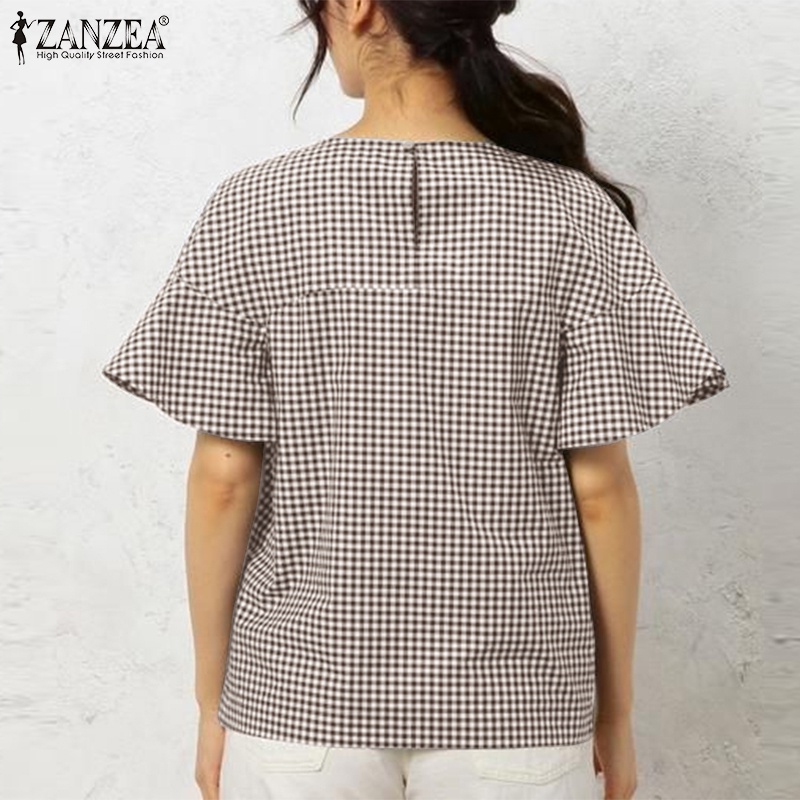 Áo kiểu ZANZEA tay dài phối bèo họa tiết caro phong cách đường phố châu Âu thời trang