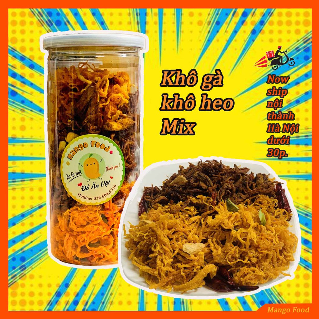 Khô gà lá chanh, khô heo, khô gà bơ tỏi mix 3 vị 300g Mango Food, đồ ăn vặt Hà Nội đóng hũ pet siêu sạch