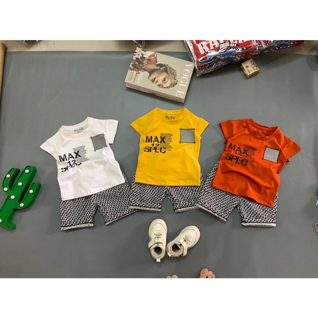Set bộ quần áo bé trai Áo thun cotton 100% co giản 4 chiều Quần kaki thun họa tiết co giản cho bé từ 8 đến 35kg