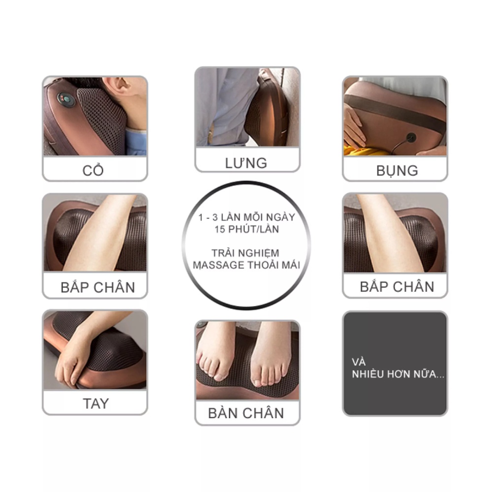 Gối massage cổ vai gáy hồng ngoại 8 bi Hàn Quốc, máy massage toàn thân giúp giảm đau mỏi vai gáy, bảo hành 12 tháng