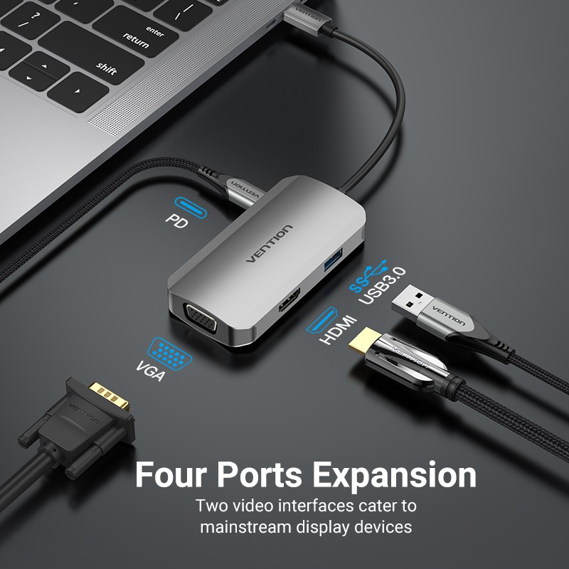 Hub USB C VENTION 4 Trong 1 Type C Sang PD/USB3.0/HDMI/VGA Cho Laptop