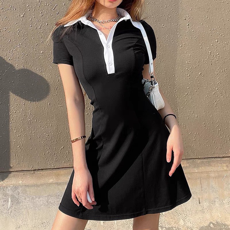 đầm polo ⚡Bán Lỗ⚡Đầm nữ cổ sơ mi dáng ôm body, thun cộc tay màu ĐEN  Ulzzang [v07] | BigBuy360 - bigbuy360.vn