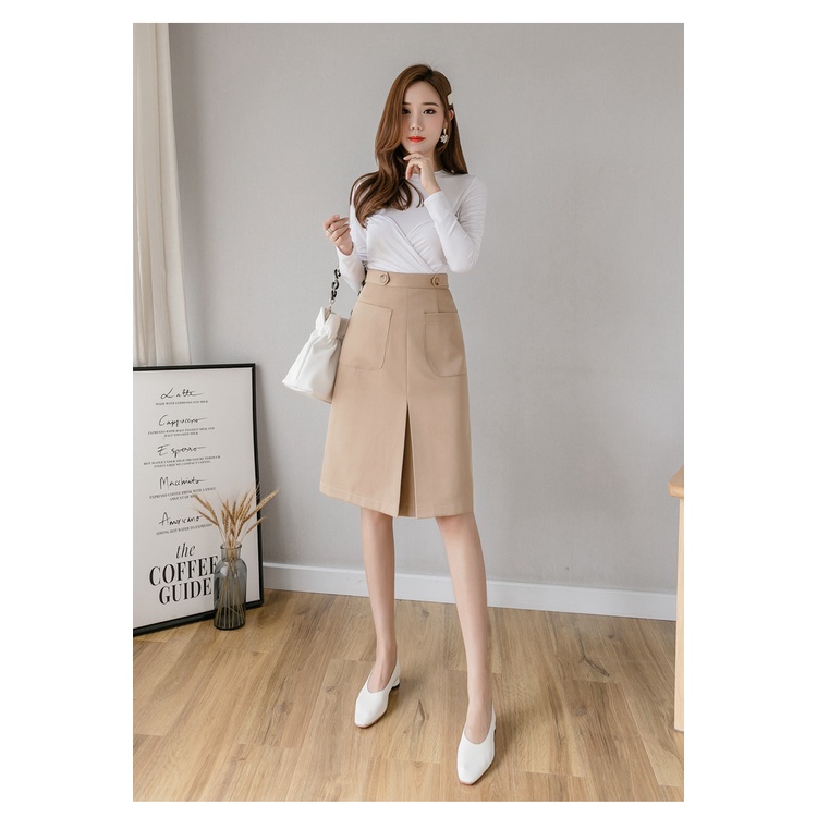 Chân váy công sở chữ a dáng dài có túi không xẻ, 1 li 2 túi 2 cúc d58cm