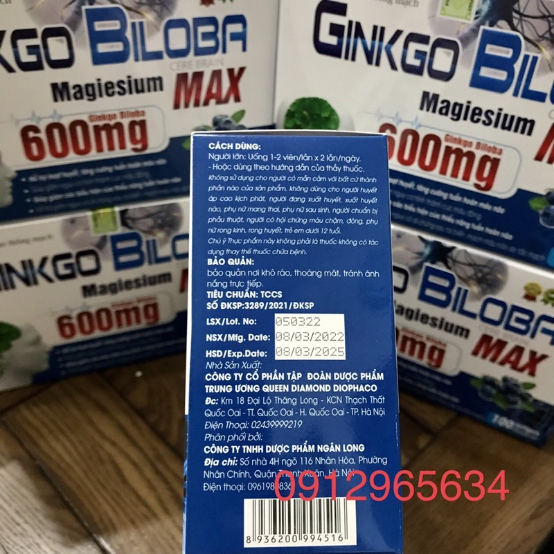 100 Viên bổ não thông mạch Ginkgo Biloba Magleslum Max 600mg hỗ trợ hoạt huyết, tăng tuần hoàn não