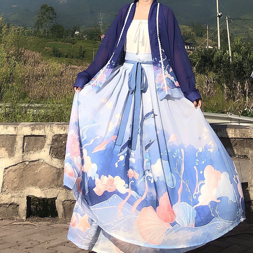 Váy Xếp Ly Mỏng Ngắn Tay Phong Cách Hanfu Cá Tính Qian Wanju 07.15