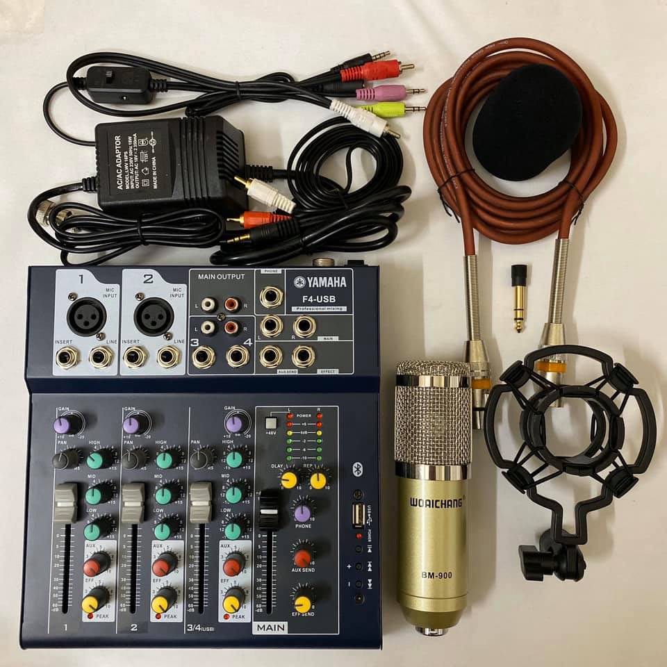 BỘ combo míc THU ÂM hát karaoke online BM900 BÀN TRỘN ÂM THANH MIXER YAMAHA F4 USB