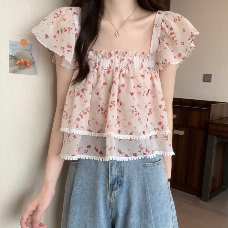 Áo Sơ Mi Tay Ngắn Cổ Vuông In Họa Tiết Hoa Phong Cách Phương Tây Thời Trang Mùa Hè 2022 Mới