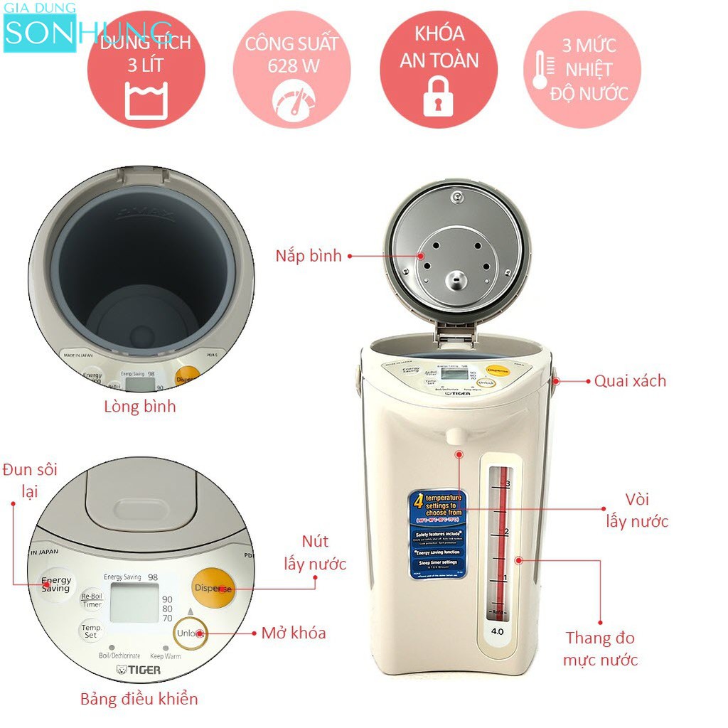 BÌNH THỦY ĐIỆN TIGER PDR-S40W VÀ PDR-S30W DUNG TÍCH 4 LÍT VÀ 3 LÍT NHẬP KHẨU NHẬT BẢN