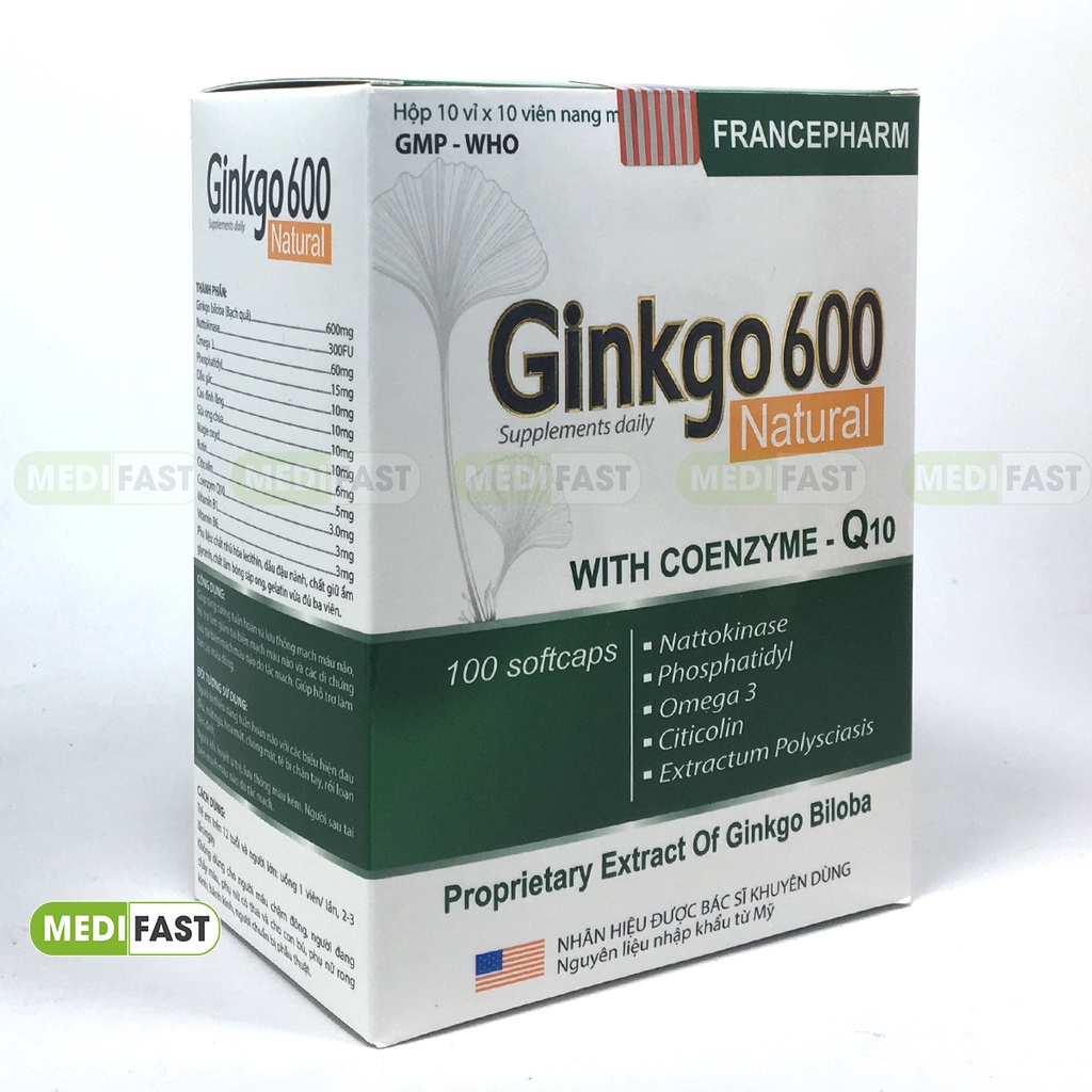 Viên uống hoạt huyết dưỡng não Ginkgo 600 Natural hộp 100 viên, tăng cường máu não, bền thành mạch có thêm sữa ong chúa