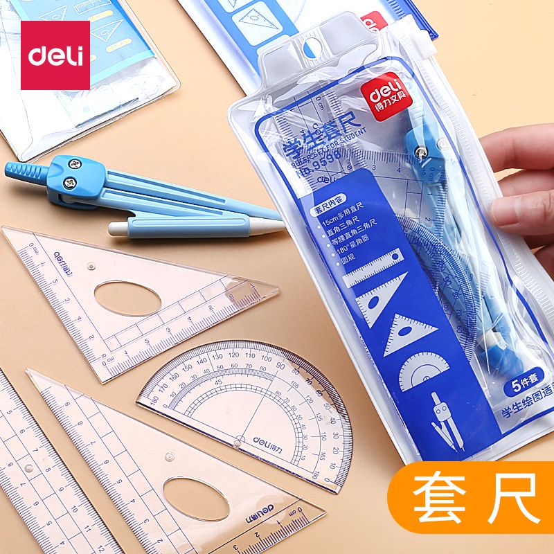 Bộ dụng cụ đo Deli, trong suốt gồm 5 dụng cụ/túi - 9598