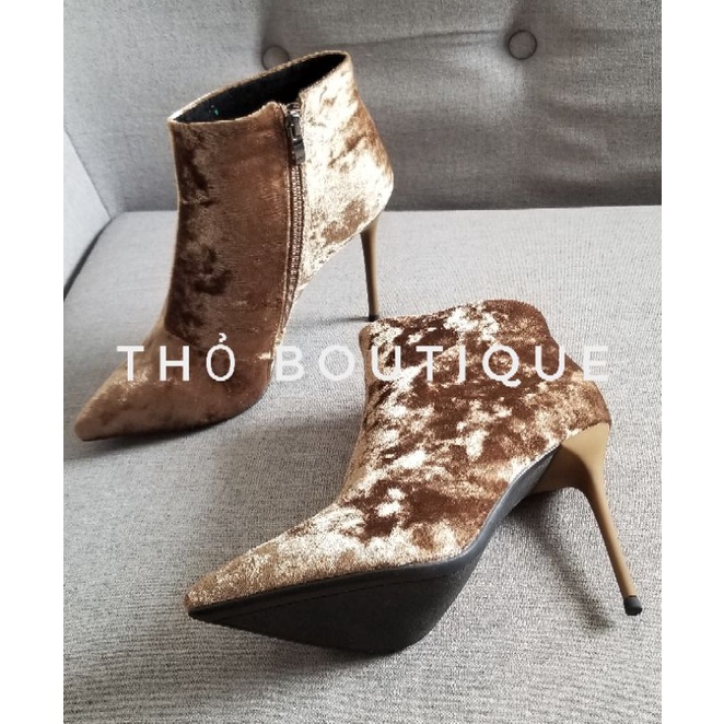Giày bốt cao gót DISU nhung nâu đồng 10cm size 38.5