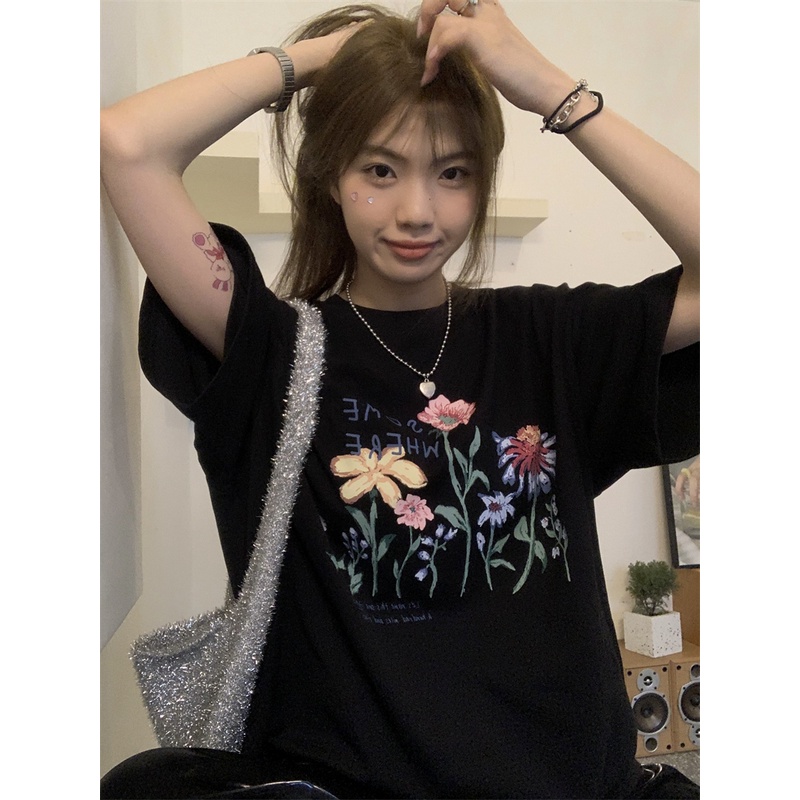 Áo Thun Ngắn Tay Cổ Tròn In Họa Tiết retro Thời Trang Nữ