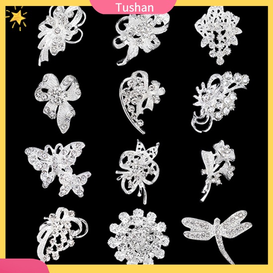 Set 12 Ghim Cài Áo Hình Bông Hoa / Bươm Bướm Đính Đá Thời Trang