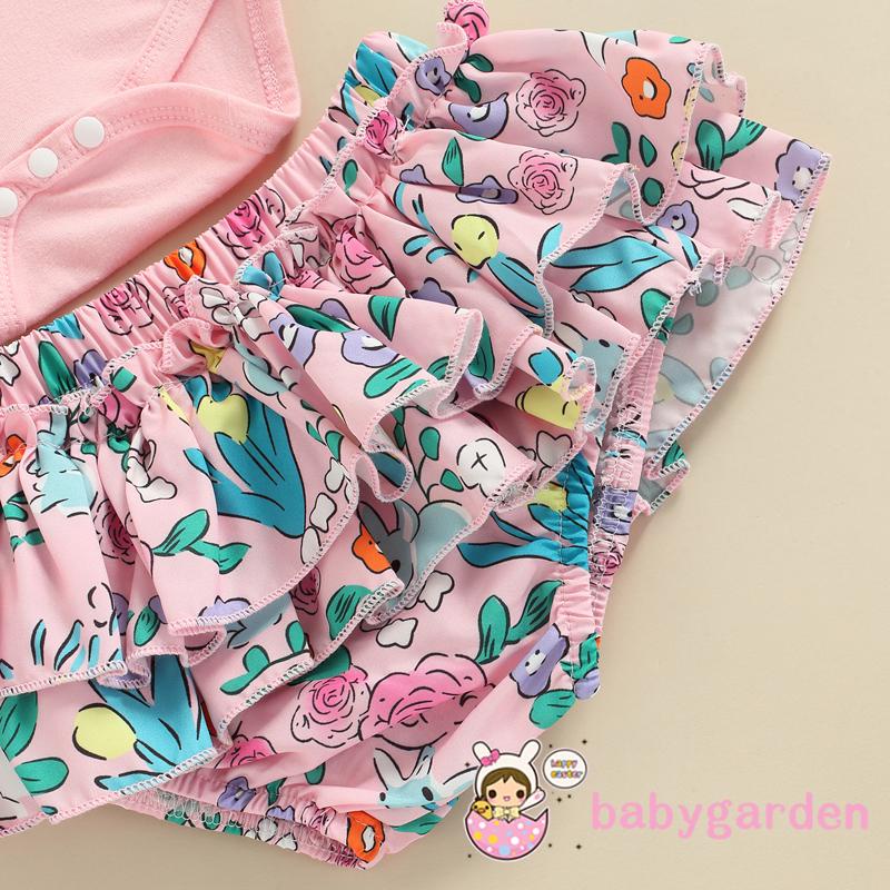 Bộ áo liền quần ngắn tay kèm quần short nhiều lớp và băng đô in hình thỏ đáng yêu dành cho bé gái